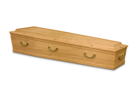 Een houten doodskist met handvatten aan de zijkanten.