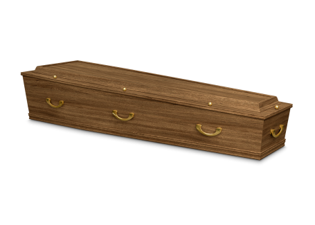 Bruine houten kist met drie handgrepen aan de zijkanten.