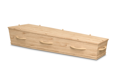 Lichtbruine houten kist met handgrepen aan de zijkanten.