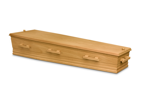 Lichtbruine houten kist met handgrepen aan de zijkanten.