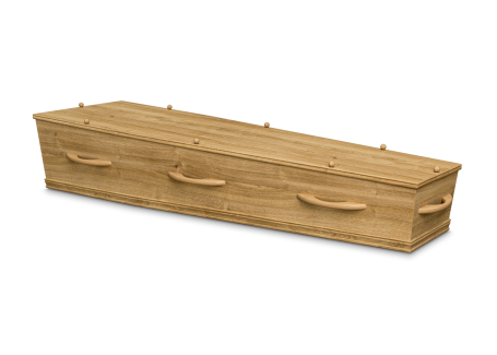 Een eenvoudige houten kist met handvatten aan de zijkanten.